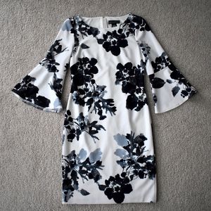 Macy’s Jessica Howard Bell Sleeve White & Black Winter Floral Long-Sleeve Dress